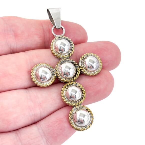 Vintage Mexico Taxco TD-91 Sterling Silver Gold-Tone Accent Dome Cross Pendant - Picture 1 of 7
